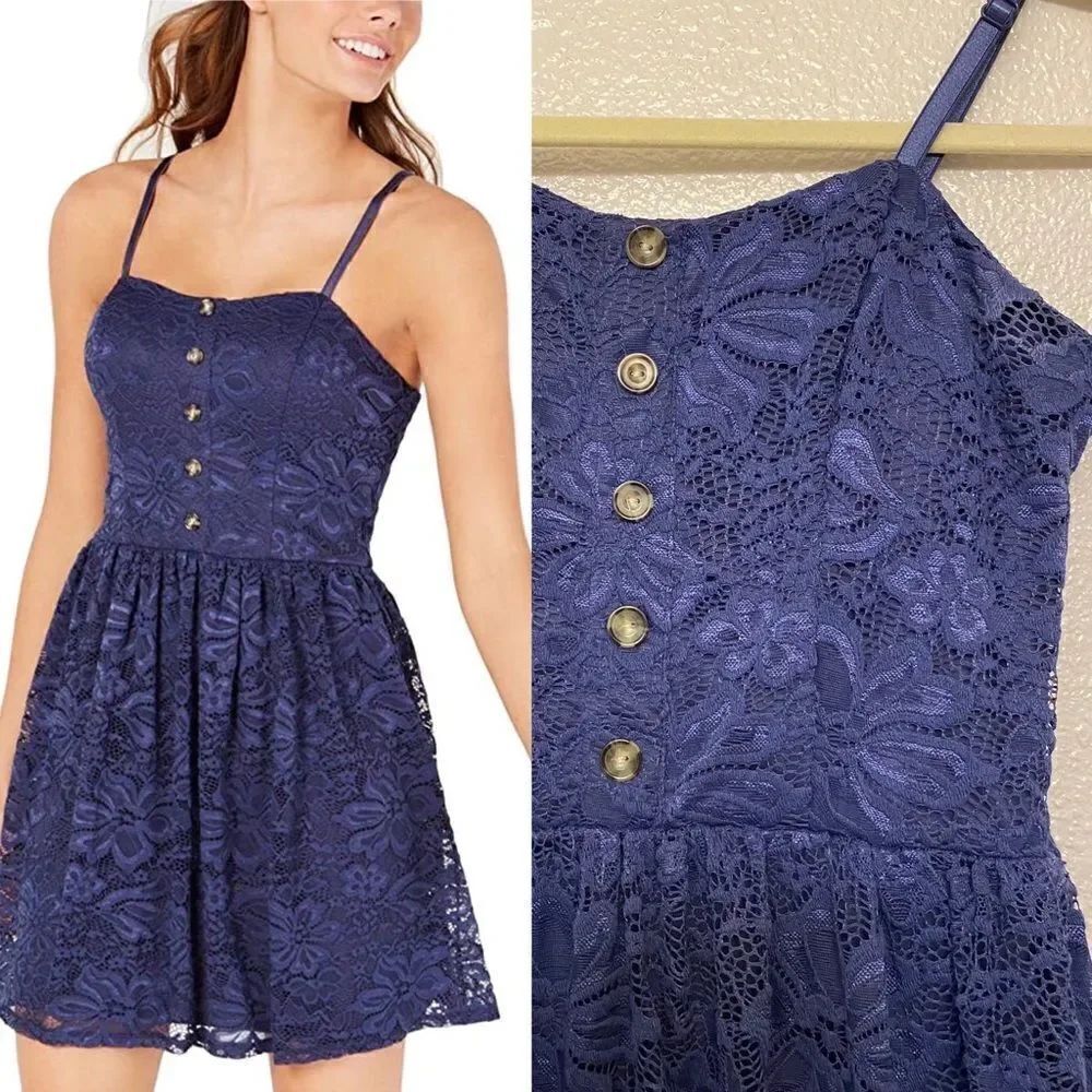 BCX Juniors navy blue lace skater slip mini Button whimsy Y2K festival dress -S